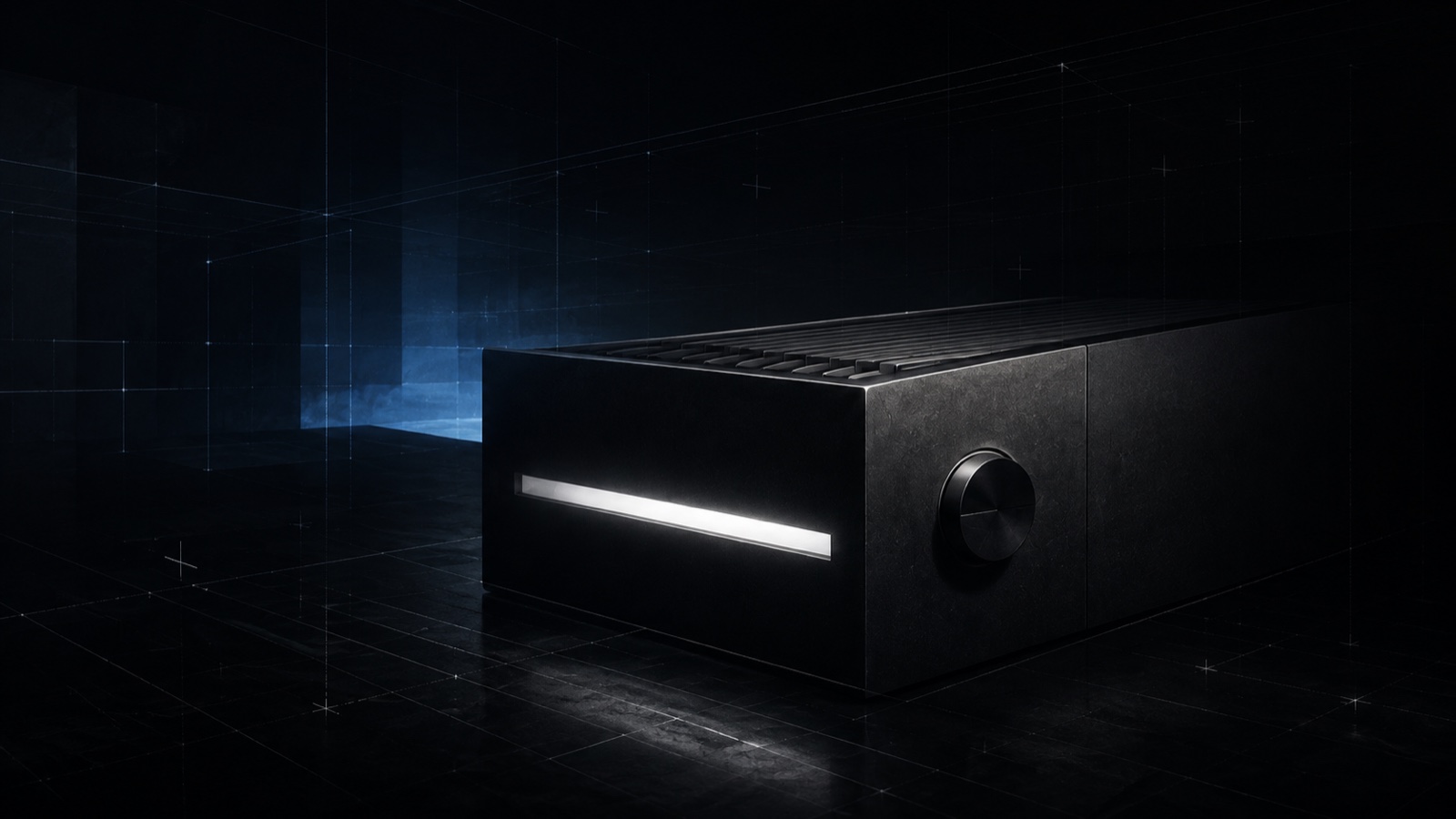 A dark monolithic machine lit by a single white bar of light